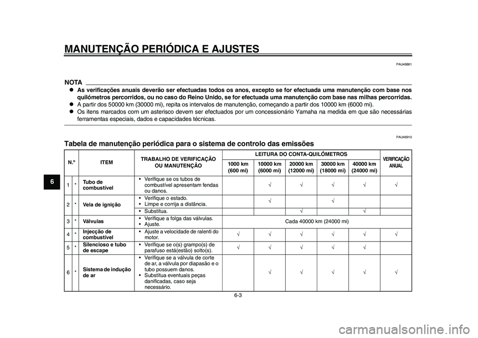 YAMAHA WR 250R 2011  Manual de utilização (in Portuguese) MANUTENÇÃO PERIÓDICA E AJUSTES
6-3
1
2
3
4
56
7
8
9
PAU46861
NOTA
As verificações anuais deverão ser efectuadas todos os anos, excepto se for efectuada uma manutenção com base nos
quilómet