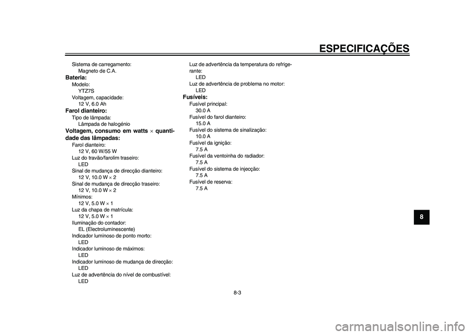 YAMAHA WR 250R 2011 Manual de utilização (in Portuguese) ESPECIFICAÇÕES
8-3
2
3
4
5
6
789
Sistema de carregamento:
Magneto de C.A.Bateria:Modelo:
YTZ7S
Voltagem, capacidade:
12 V, 6.0 AhFarol dianteiro:Tipo de lâmpada:
Lâmpada de halogénioVoltagem, YAMAHA WR 250R 2011 Manual de utilização (in Portuguese) ESPECIFICAÇÕES
8-3
2
3
4
5
6
789
Sistema de carregamento:
Magneto de C.A.Bateria:Modelo:
YTZ7S
Voltagem, capacidade:
12 V, 6.0 AhFarol dianteiro:Tipo de lâmpada:
Lâmpada de halogénioVoltagem,