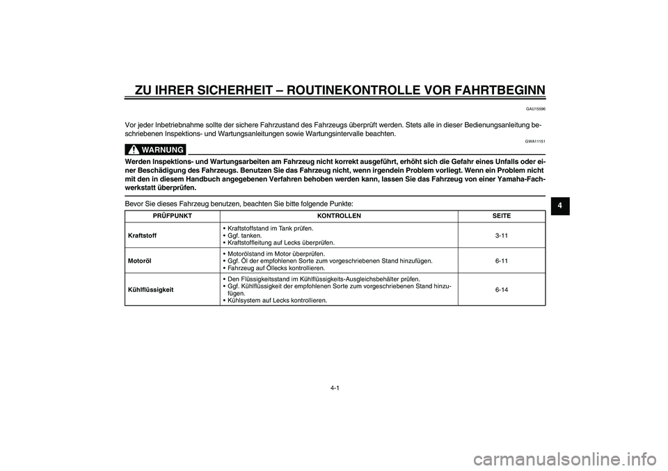 YAMAHA WR 250R 2010 Betriebsanleitungen (in German) ZU IHRER SICHERHEIT – ROUTINEKONTROLLE VOR FAHRTBEGINN
4-1
4
GAU15596
Vor jeder Inbetriebnahme sollte der sichere Fahrzustand des Fahrzeugs überprüft werden. Stets alle in dieser Bedienungsanleitu YAMAHA WR 250R 2010 Betriebsanleitungen (in German) ZU IHRER SICHERHEIT – ROUTINEKONTROLLE VOR FAHRTBEGINN
4-1
4
GAU15596
Vor jeder Inbetriebnahme sollte der sichere Fahrzustand des Fahrzeugs überprüft werden. Stets alle in dieser Bedienungsanleitu