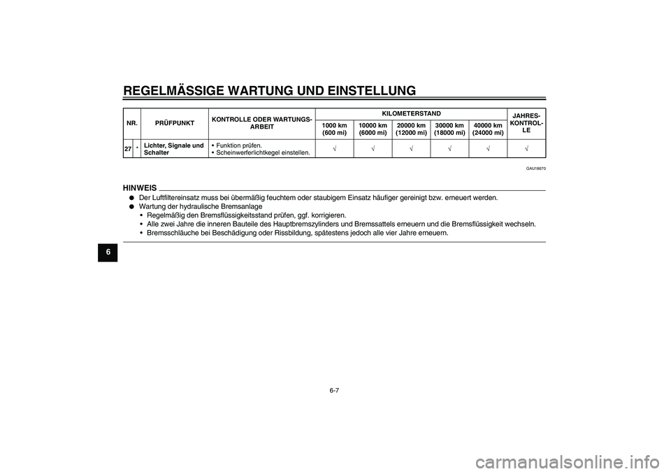 YAMAHA WR 250R 2010  Betriebsanleitungen (in German) REGELMÄSSIGE WARTUNG UND EINSTELLUNG
6-7
6
GAU18670
HINWEI
S

Der Luftfiltereinsatz muss bei übermäßig feuchtem oder staubigem Einsatz häufiger gereinigt bzw. erneuert werden.

Wartung der hydr