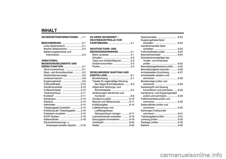 YAMAHA WR 250R 2010  Betriebsanleitungen (in German) INHALTSICHERHEITSINFORMATIONEN ....1-1
BESCHREIBUNG ..............................2-1
Linke Seitenansicht .........................2-1
Rechte Seitenansicht.......................2-2
Bedienungselemente