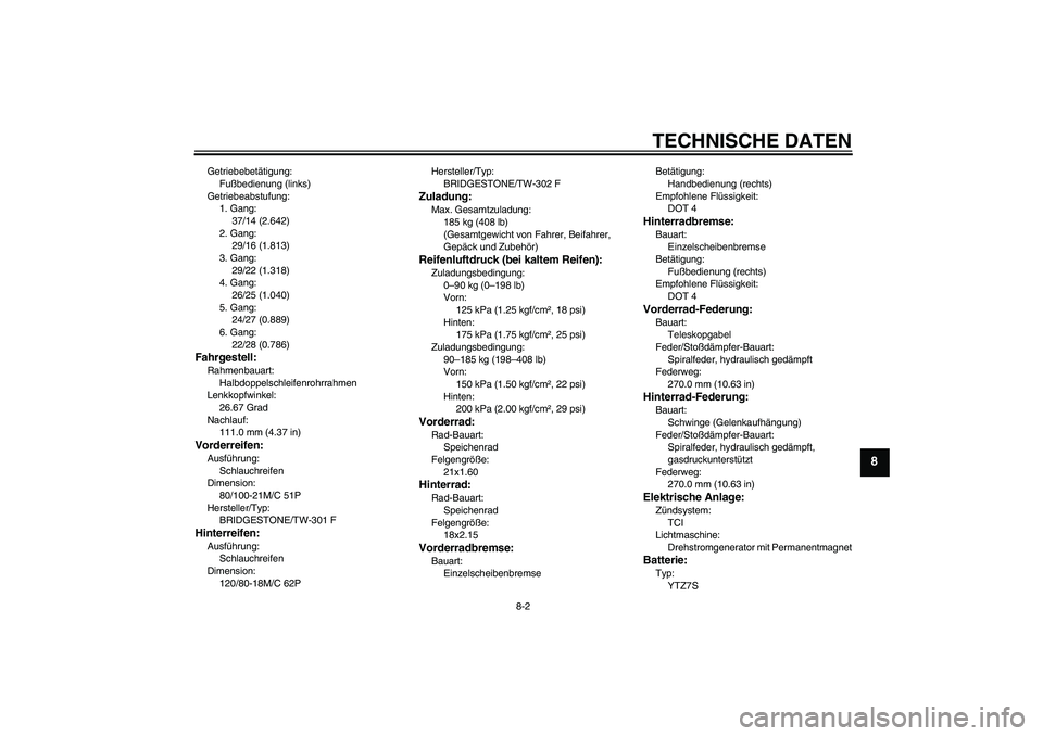 YAMAHA WR 250R 2010 Betriebsanleitungen (in German) TECHNISCHE DATEN
8-2
8
Getriebebetätigung:
Fußbedienung (links)
Getriebeabstufung:
1. Gang:
37/14 (2.642)
2. Gang:
29/16 (1.813)
3. Gang:
29/22 (1.318)
4. Gang:
26/25 (1.040)
5. Gang:
24/27 (0.889)
YAMAHA WR 250R 2010 Betriebsanleitungen (in German) TECHNISCHE DATEN
8-2
8
Getriebebetätigung:
Fußbedienung (links)
Getriebeabstufung:
1. Gang:
37/14 (2.642)
2. Gang:
29/16 (1.813)
3. Gang:
29/22 (1.318)
4. Gang:
26/25 (1.040)
5. Gang:
24/27 (0.889)