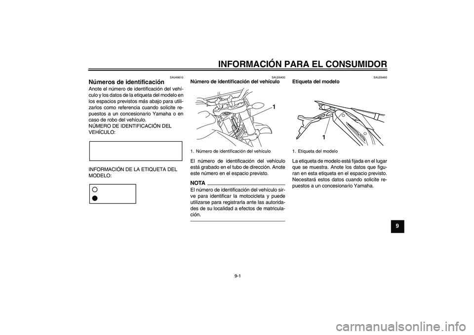 YAMAHA WR 250R 2010 Manuale de Empleo (in Spanish) INFORMACIÓN PARA EL CONSUMIDOR
9-1
9
SAU48610
Números de identificación Anote el número de identificación del vehí-
culo y los datos de la etiqueta del modelo en
los espacios previstos más abaj YAMAHA WR 250R 2010 Manuale de Empleo (in Spanish) INFORMACIÓN PARA EL CONSUMIDOR
9-1
9
SAU48610
Números de identificación Anote el número de identificación del vehí-
culo y los datos de la etiqueta del modelo en
los espacios previstos más abaj