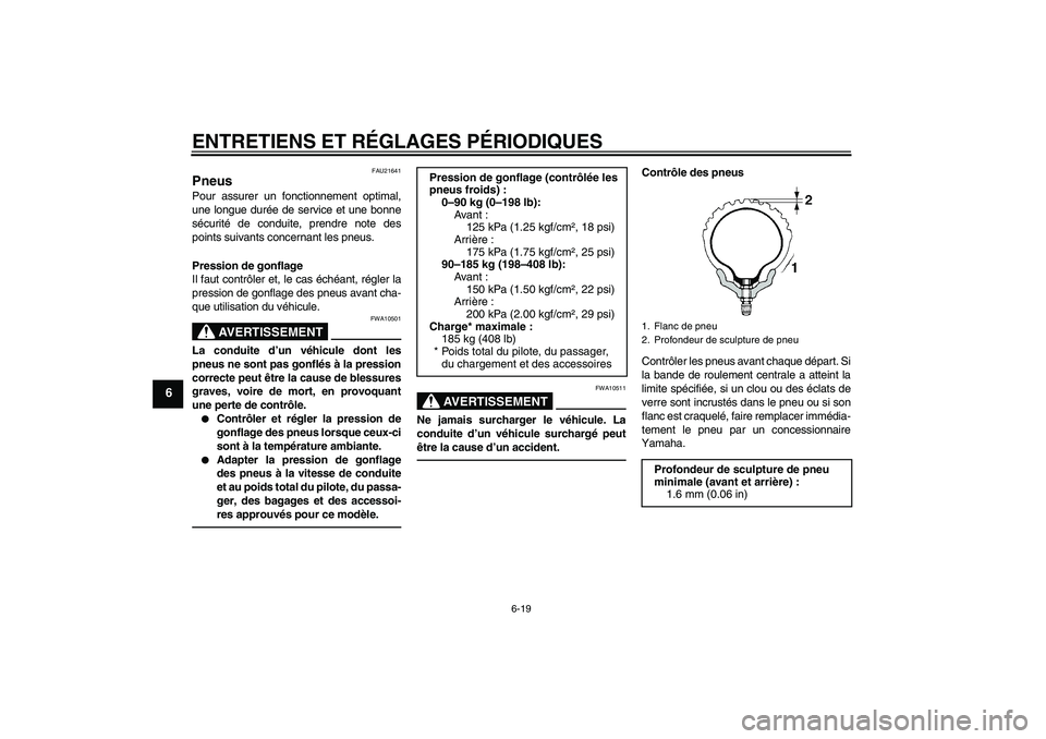 YAMAHA WR 250R 2010  Notices Demploi (in French) ENTRETIENS ET RÉGLAGES PÉRIODIQUES
6-19
6
FAU21641
Pneus Pour assurer un fonctionnement optimal,
une longue durée de service et une bonne
sécurité de conduite, prendre note des
points suivants co