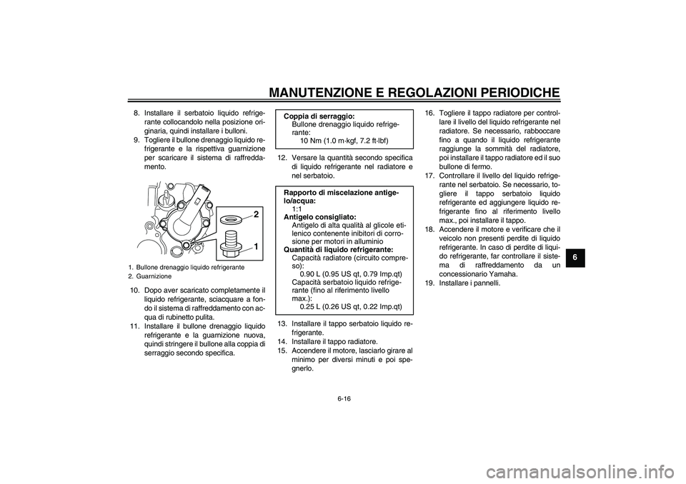 YAMAHA WR 250R 2010 Manuale duso (in Italian) MANUTENZIONE E REGOLAZIONI PERIODICHE
6-16
6
8. Installare il serbatoio liquido refrige-
rante collocandolo nella posizione ori-
ginaria, quindi installare i bulloni.
9. Togliere il bullone drenaggio YAMAHA WR 250R 2010 Manuale duso (in Italian) MANUTENZIONE E REGOLAZIONI PERIODICHE
6-16
6
8. Installare il serbatoio liquido refrige-
rante collocandolo nella posizione ori-
ginaria, quindi installare i bulloni.
9. Togliere il bullone drenaggio