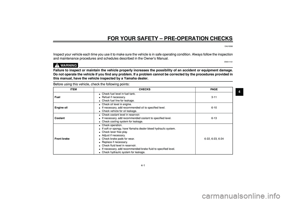 YAMAHA WR 250R 2009  Owners Manual  
4-1 
2
3
45
6
7
8
9
 
FOR YOUR SAFETY – PRE-OPERATION CHECKS 
EAU15596 
Inspect your vehicle each time you use it to make sure the vehicle is in safe operating condition. Always follow the inspect