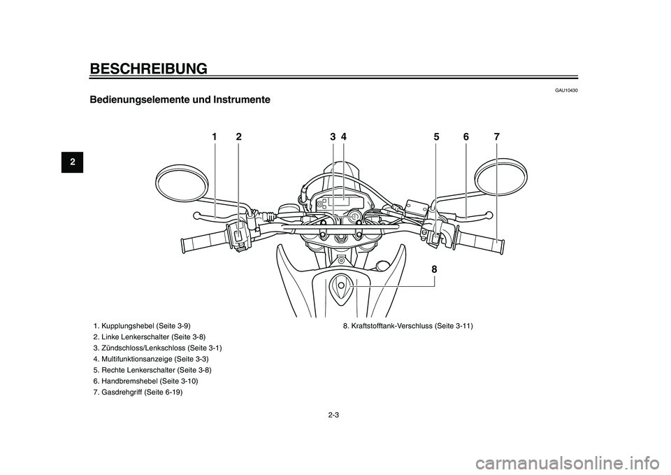 YAMAHA WR 250R 2009  Betriebsanleitungen (in German)  
BESCHREIBUNG 
2-3 
1
2
3
4
5
6
7
8
9
 
GAU10430 
Bedienungselemente und Instrumente
12 34 5 6
8
7
 
1.  Kupplungshebel (Seite 3-9)
2.  Linke Lenkerschalter (Seite 3-8)
3.  Zündschloss/Lenkschloss (