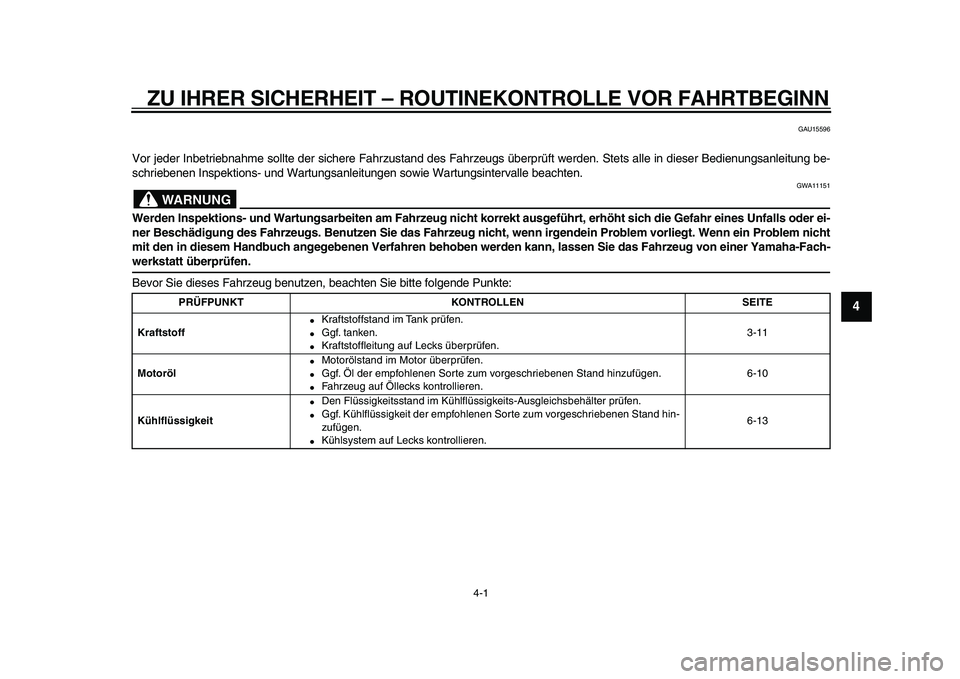 YAMAHA WR 250R 2009  Betriebsanleitungen (in German)  
4-1 
2
3
45
6
7
8
9
 
ZU IHRER SICHERHEIT – ROUTINEKONTROLLE VOR FAHRTBEGINN 
GAU15596 
Vor jeder Inbetriebnahme sollte der sichere Fahrzustand des Fahrzeugs überprüft werden. Stets alle in dies