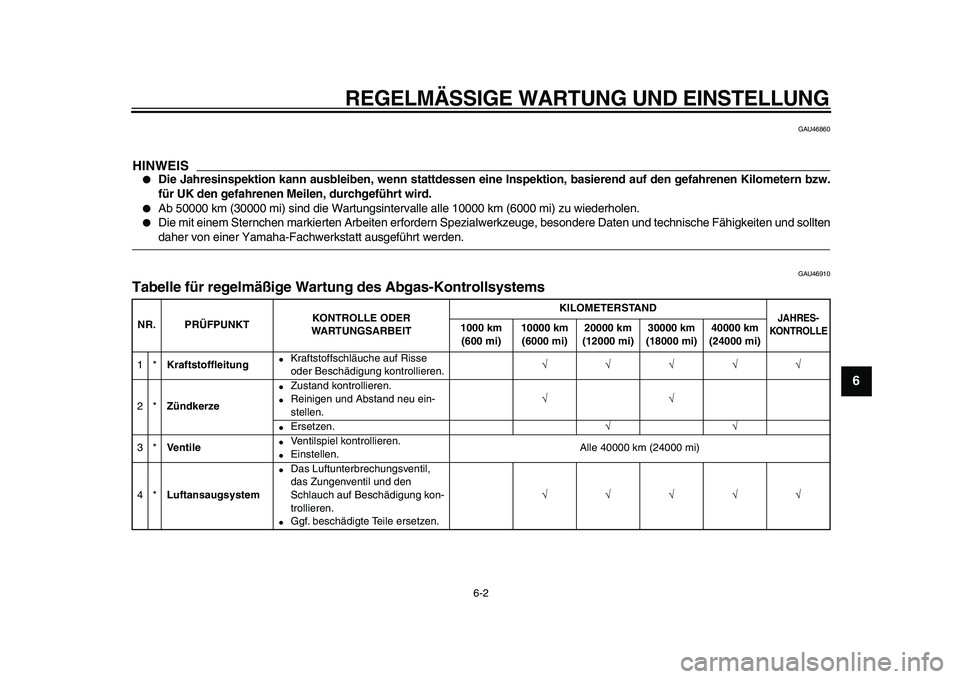 YAMAHA WR 250R 2009  Betriebsanleitungen (in German)  
REGELMÄSSIGE WARTUNG UND EINSTELLUNG 
6-2 
2
3
4
5
67
8
9
 
GAU46860
HINWEIS
 
 
Die Jahresinspektion kann ausbleiben, wenn stattdessen eine Inspektion, basierend auf den gefahrenen Kilometern bzw
