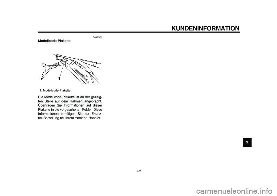 YAMAHA WR 250R 2009 Betriebsanleitungen (in German)
KUNDENINFORMATION
9-2
2
3
4
5
6
7
8
9
GAU26460
Modellcode-Plakette
Die Modellcode-Plakette ist an der gezeig-
ten Stelle auf dem Rahmen angebracht.
Übertragen Sie Informationen auf dieser
Pl YAMAHA WR 250R 2009 Betriebsanleitungen (in German)
KUNDENINFORMATION
9-2
2
3
4
5
6
7
8
9
GAU26460
Modellcode-Plakette
Die Modellcode-Plakette ist an der gezeig-
ten Stelle auf dem Rahmen angebracht.
Übertragen Sie Informationen auf dieser
Pl
