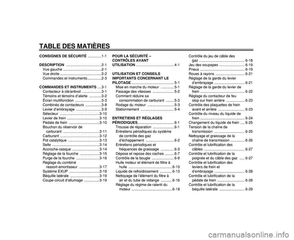 YAMAHA WR 250R 2009  Notices Demploi (in French)  
TABLE DES MATIÈRES 
CONSIGNES DE SÉCURITÉ 
 .............1-1 
DESCRIPTION 
 ...................................2-1
Vue gauche ......................................2-1
Vue droite ................