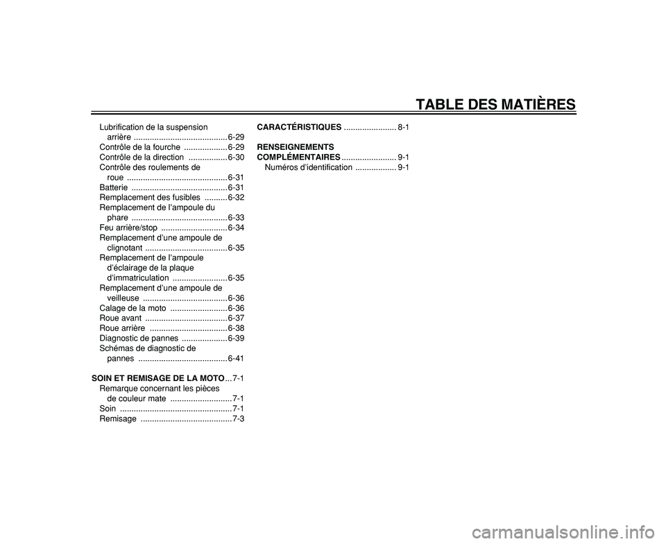 YAMAHA WR 250R 2009  Notices Demploi (in French)  
TABLE DES MATIÈRES 
Lubrification de la suspension 
arrière ......................................... 6-29
Contrôle de la fourche  ................... 6-29
Contrôle de la direction  ............