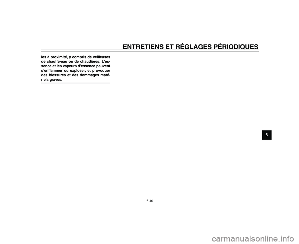 YAMAHA WR 250R 2009  Notices Demploi (in French)  
ENTRETIENS ET RÉGLAGES PÉRIODIQUES 
6-40 
2
3
4
5
67
8
9
 
les à proximité, y compris de veilleuses
de chauffe-eau ou de chaudières. L’es-
sence et les vapeurs d’essence peuvent
s’enflamm