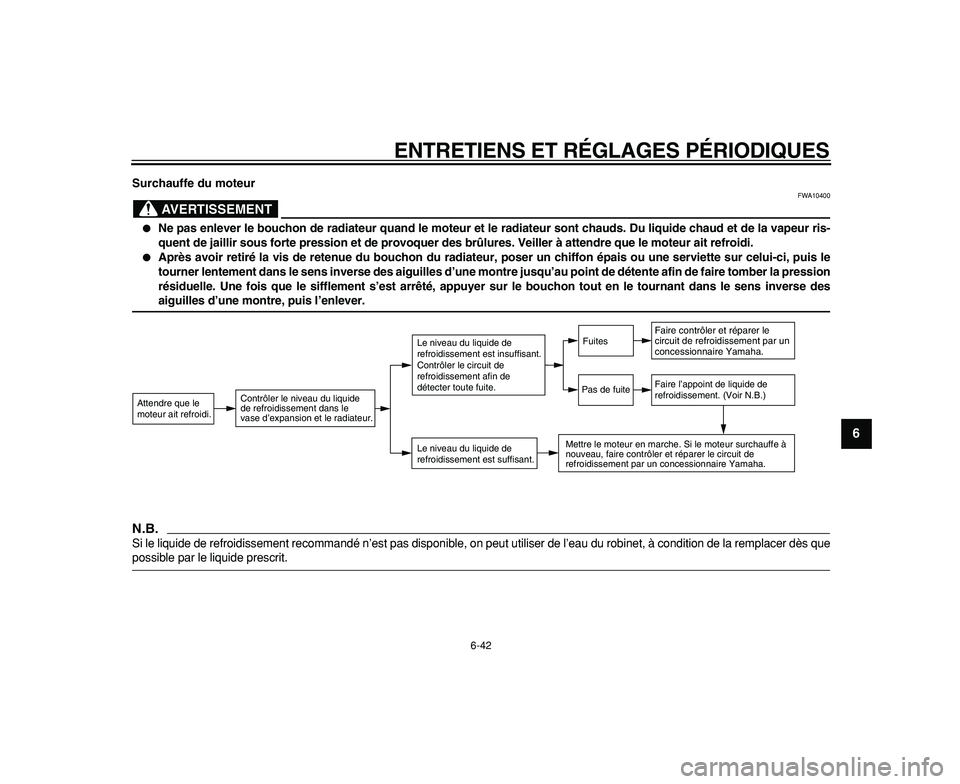 YAMAHA WR 250R 2009  Notices Demploi (in French)  
ENTRETIENS ET RÉGLAGES PÉRIODIQUES 
6-42 
2
3
4
5
67
8
9
 
Surchauffe du moteur
AVERTISSEMENT
 
FWA10400 
 
Ne pas enlever le bouchon de radiateur quand le moteur et le radiateur sont chauds. Du 