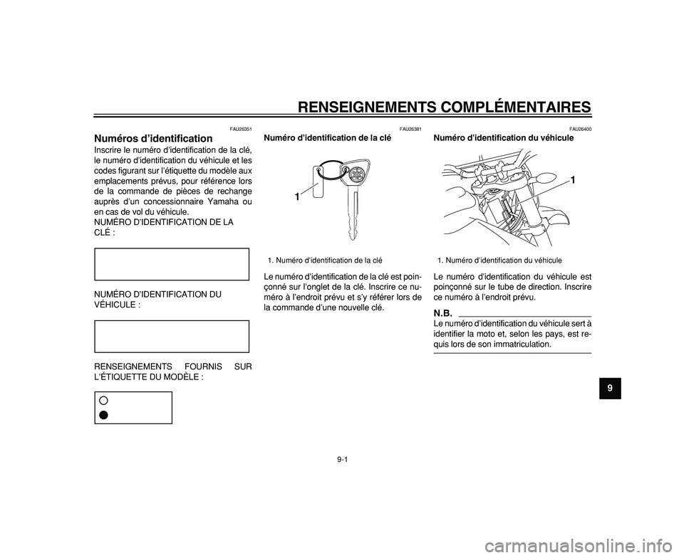 YAMAHA WR 250R 2009 Notices Demploi (in French)
9-1
2
3
4
5
6
7
8
9
RENSEIGNEMENTS COMPLÉMENTAIRES
FAU26351
Numéros d’identification
Inscrire le numéro d’identification de la clé,
le numéro d’identification du véhicule et les
c YAMAHA WR 250R 2009 Notices Demploi (in French)
9-1
2
3
4
5
6
7
8
9
RENSEIGNEMENTS COMPLÉMENTAIRES
FAU26351
Numéros d’identification
Inscrire le numéro d’identification de la clé,
le numéro d’identification du véhicule et les
c