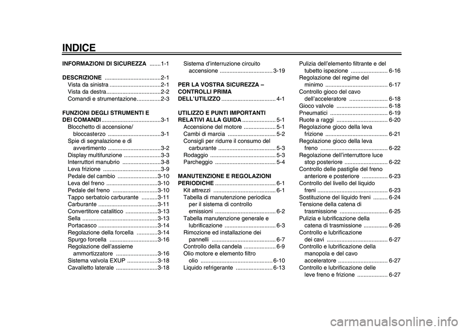YAMAHA WR 250R 2009  Manuale duso (in Italian)  
INDICE
 
INFORMAZIONI DI SICUREZZA  
.......1-1 
DESCRIZIONE 
 ...................................2-1
Vista da sinistra ................................2-1
Vista da destra...........................