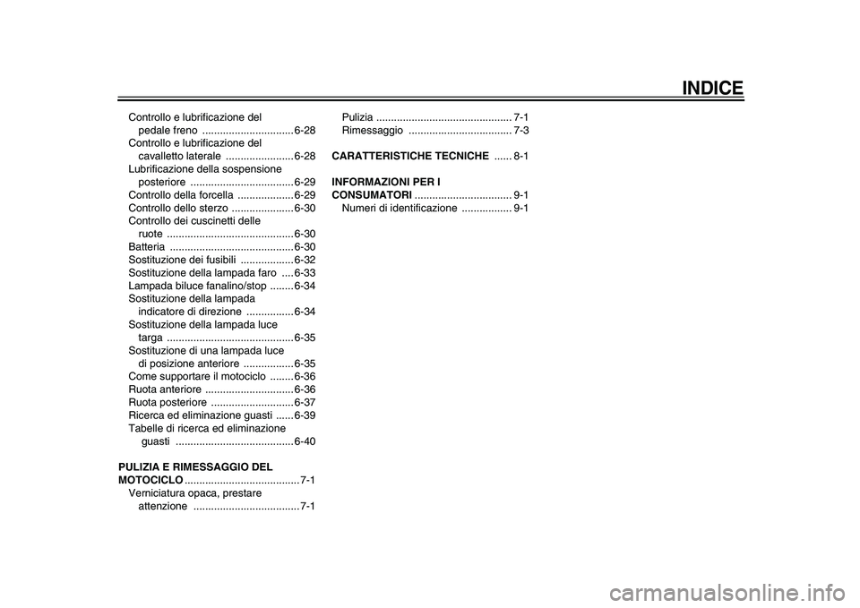 YAMAHA WR 250R 2009  Manuale duso (in Italian)  
INDICE
 
Controllo e lubrificazione del 
pedale freno  ............................... 6-28
Controllo e lubrificazione del 
cavalletto laterale  ....................... 6-28
Lubrificazione della sos