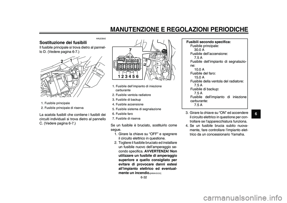 YAMAHA WR 250R 2009  Manuale duso (in Italian)  
MANUTENZIONE E REGOLAZIONI PERIODICHE
 
6-32 
2
3
4
5
67
8
9
 
HAU23542 
Sostituzione dei fusibili  
Il fusibile principale si trova dietro al pannel-
lo D. (Vedere pagina 6-7.)
La scatola fusibili 