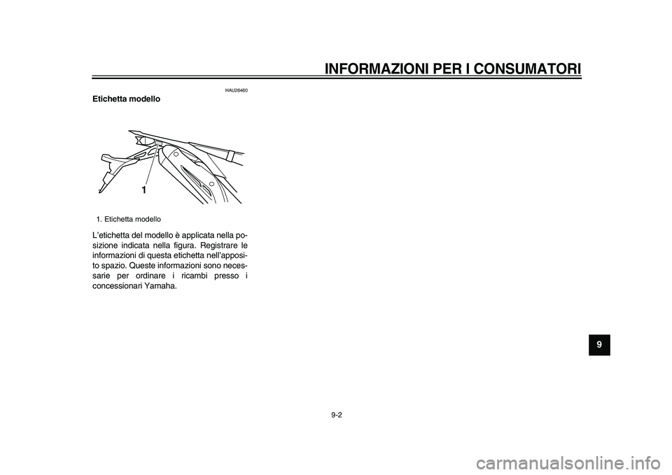 YAMAHA WR 250R 2009  Manuale duso (in Italian)  
INFORMAZIONI PER I CONSUMATORI
 
9-2 
2
3
4
5
6
7
8
9
 
HAU26460 
Etichetta modello  
L’etichetta del modello è applicata nella po-
sizione indicata nella figura. Registrare le
informazioni di qu