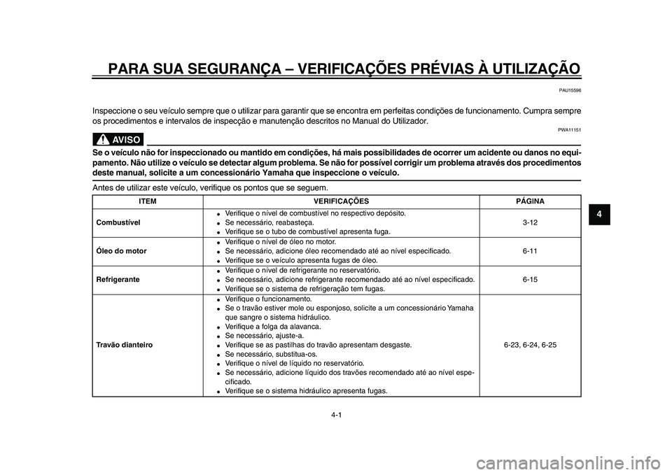 YAMAHA WR 250R 2009  Manual de utilização (in Portuguese)  
4-1 
2
3
45
6
7
8
9
 
PARA SUA SEGURANÇA – VERIFICAÇÕES PRÉVIAS À UTILIZAÇÃO 
PAU15596 
Inspeccione o seu veículo sempre que o utilizar para garantir que se encontra em perfeitas condiçõ