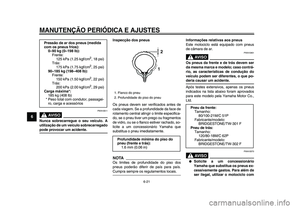 YAMAHA WR 250R 2009  Manual de utilização (in Portuguese)  
MANUTENÇÃO PERIÓDICA E AJUSTES 
6-21 
1
2
3
4
5
6
7
8
9
AVISO
 
PWA10511 
Nunca sobrecarregue o seu veículo. A
utilização de um veículo sobrecarregado 
pode provocar um acidente.Inspecção d