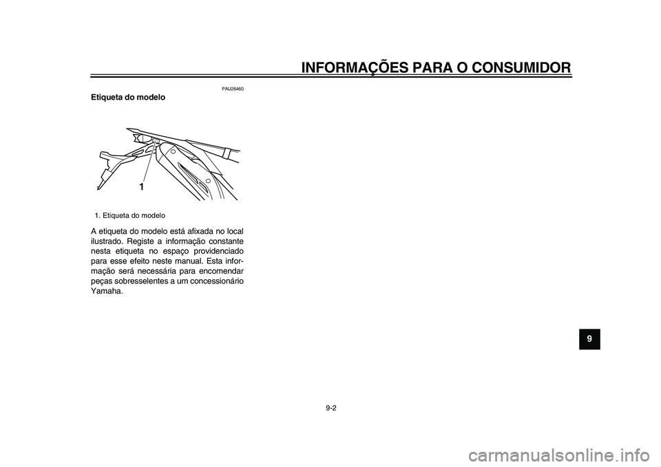 YAMAHA WR 250R 2009 Manual de utilização (in Portuguese)
INFORMAÇÕES PARA O CONSUMIDOR
9-2
2
3
4
5
6
7
8
9
PAU26460
Etiqueta do modelo
A etiqueta do modelo está afixada no local
ilustrado. Registe a informação constante
nesta etiqueta no espa YAMAHA WR 250R 2009 Manual de utilização (in Portuguese)
INFORMAÇÕES PARA O CONSUMIDOR
9-2
2
3
4
5
6
7
8
9
PAU26460
Etiqueta do modelo
A etiqueta do modelo está afixada no local
ilustrado. Registe a informação constante
nesta etiqueta no espa