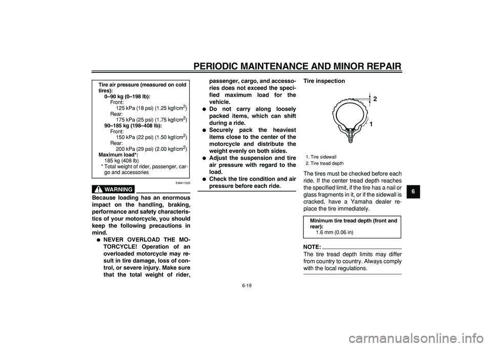 YAMAHA WR 250R 2008 Workshop Manual  
PERIODIC MAINTENANCE AND MINOR REPAIR 
6-19 
2
3
4
5
67
8
9
WARNING
 
EWA11020 
Because loading has an enormous
impact on the handling, braking,
performance and safety characteris-
tics of your moto
