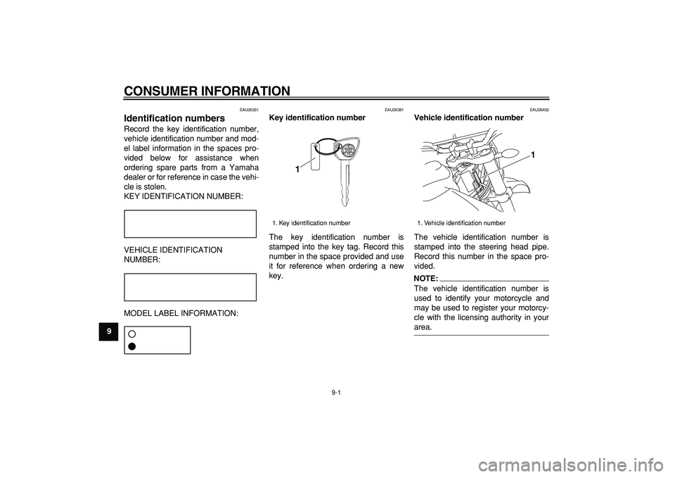 YAMAHA WR 250R 2008 Manual Online  
9-1 
1
2
3
4
5
6
7
8
9
 
CONSUMER INFORMATION 
EAU26351 
Identification numbers  
Record the key identification number,
vehicle identification number and mod-
el label information in the spaces pro-