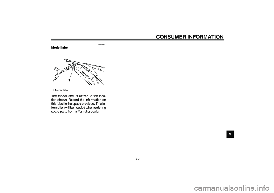 YAMAHA WR 250R 2008 Owners Manual
CONSUMER INFORMATION
9-2
2
3
4
5
6
7
8
9
EAU26460
Model label
The model label is affixed to the loca-
tion shown. Record the information on
this label in the space provided. This in-
formatio YAMAHA WR 250R 2008 Owners Manual
CONSUMER INFORMATION
9-2
2
3
4
5
6
7
8
9
EAU26460
Model label
The model label is affixed to the loca-
tion shown. Record the information on
this label in the space provided. This in-
formatio