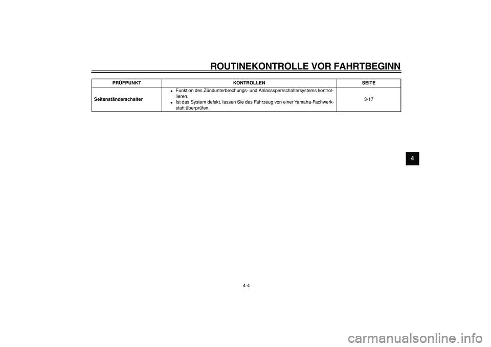 YAMAHA WR 250R 2008  Betriebsanleitungen (in German)  
ROUTINEKONTROLLE VOR FAHRTBEGINN 
4-4 
2
3
45
6
7
8
9
 
Seitenständerschalter 
 
Funktion des Zündunterbrechungs- und Anlasssperrschaltersystems kontrol-
lieren. 
 
Ist das System defekt, lassen