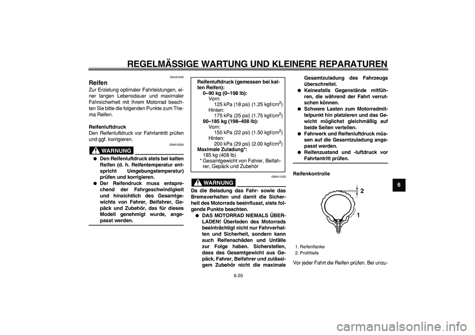 YAMAHA WR 250R 2008 Betriebsanleitungen (in German)
REGELMÄSSIGE WARTUNG UND KLEINERE REPARATUREN
6-20
2
3
4
5
67
8
9
GAU21640
Reifen
Zur Erzielung optimaler Fahrleistungen, ei-
ner langen Lebensdauer und maximaler
Fahrsicherheit mit Ihrem Mo YAMAHA WR 250R 2008 Betriebsanleitungen (in German)
REGELMÄSSIGE WARTUNG UND KLEINERE REPARATUREN
6-20
2
3
4
5
67
8
9
GAU21640
Reifen
Zur Erzielung optimaler Fahrleistungen, ei-
ner langen Lebensdauer und maximaler
Fahrsicherheit mit Ihrem Mo