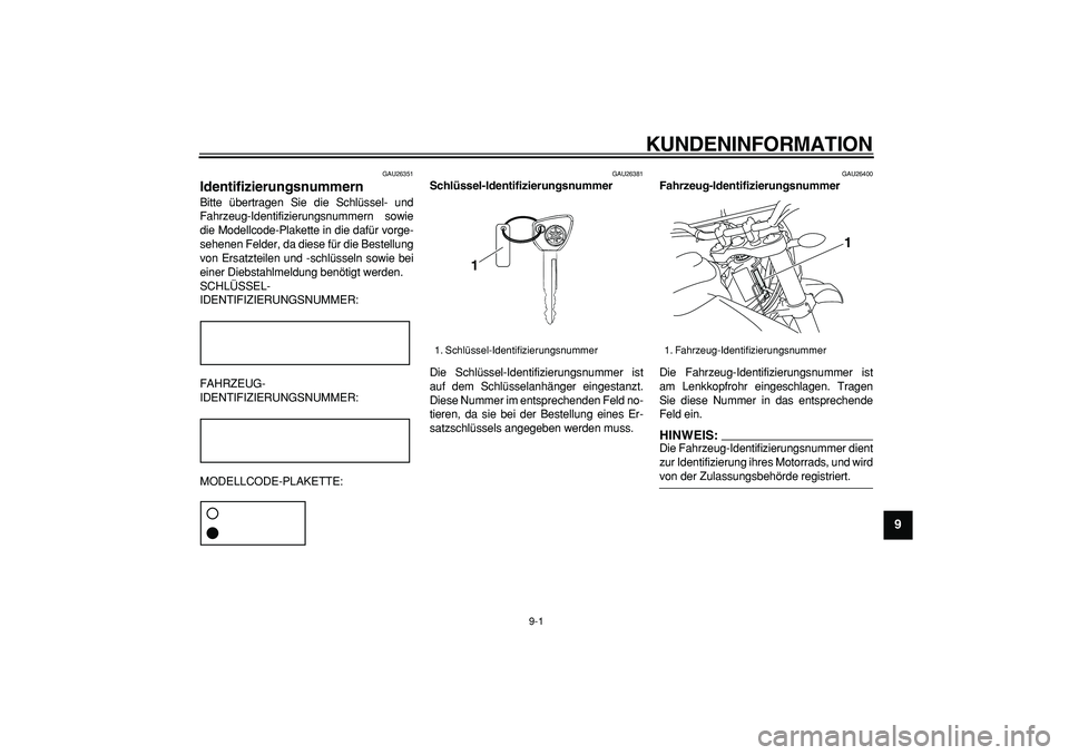 YAMAHA WR 250R 2008 Betriebsanleitungen (in German)
9-1
2
3
4
5
6
7
8
9
KUNDENINFORMATION
GAU26351
Identifizierungsnummern
Bitte übertragen Sie die Schlüssel- und
Fahrzeug-Identifizierungsnummern sowie
die Modellcode-Plakette in die dafür v YAMAHA WR 250R 2008 Betriebsanleitungen (in German)
9-1
2
3
4
5
6
7
8
9
KUNDENINFORMATION
GAU26351
Identifizierungsnummern
Bitte übertragen Sie die Schlüssel- und
Fahrzeug-Identifizierungsnummern sowie
die Modellcode-Plakette in die dafür v