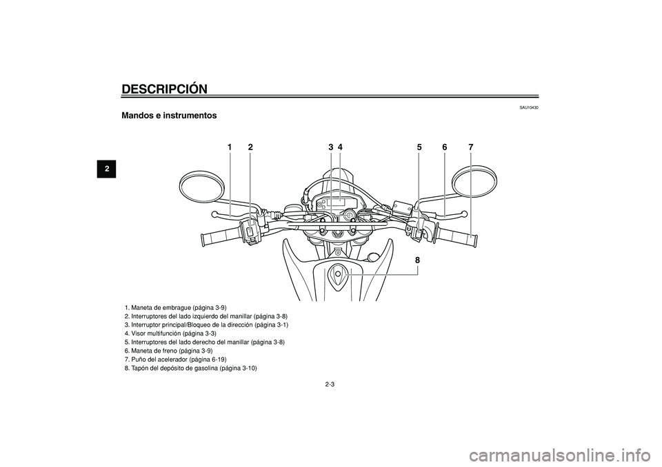 YAMAHA WR 250R 2008  Manuale de Empleo (in Spanish)  
DESCRIPCIÓN 
2-3 
1
2
3
4
5
6
7
8
9
 
SAU10430 
Mandos e instrumentos
12 34 5 6
8
7
 
1. Maneta de embrague (página 3-9)
2. Interruptores del lado izquierdo del manillar (página 3-8)
3. Interrupt