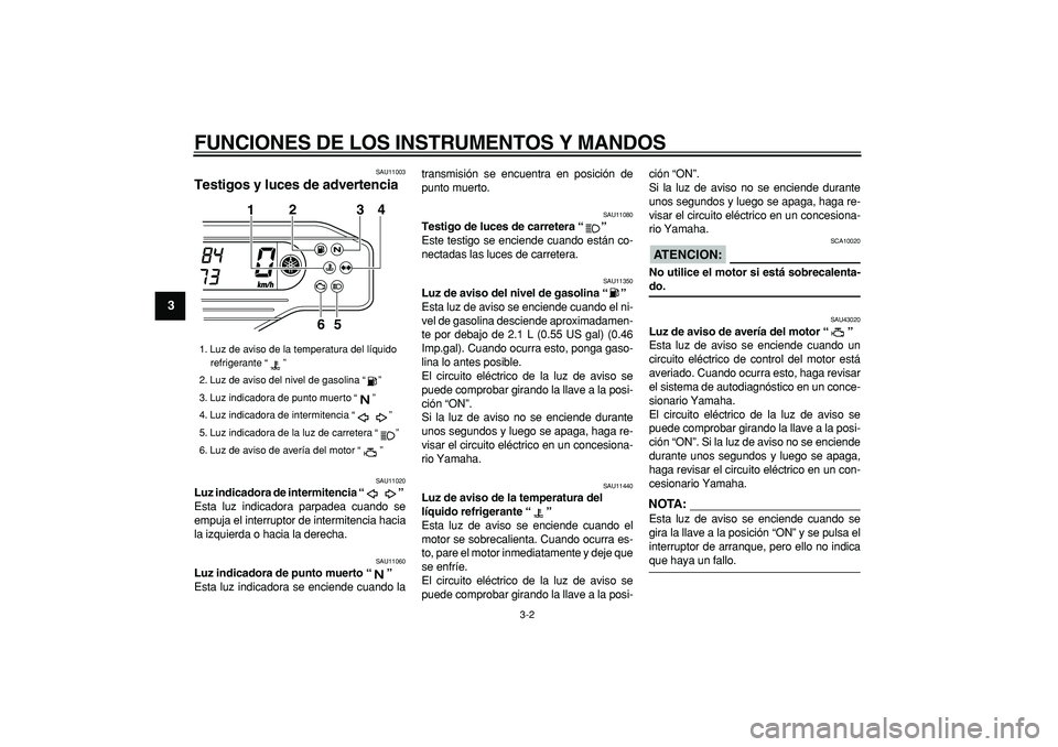 YAMAHA WR 250R 2008  Manuale de Empleo (in Spanish)  
FUNCIONES DE LOS INSTRUMENTOS Y MANDOS 
3-2 
1
2
3
4
5
6
7
8
9
 
SAU11003 
Testigos y luces de advertencia  
SAU11020 
Luz indicadora de intermitencia “”  
Esta luz indicadora parpadea cuando se