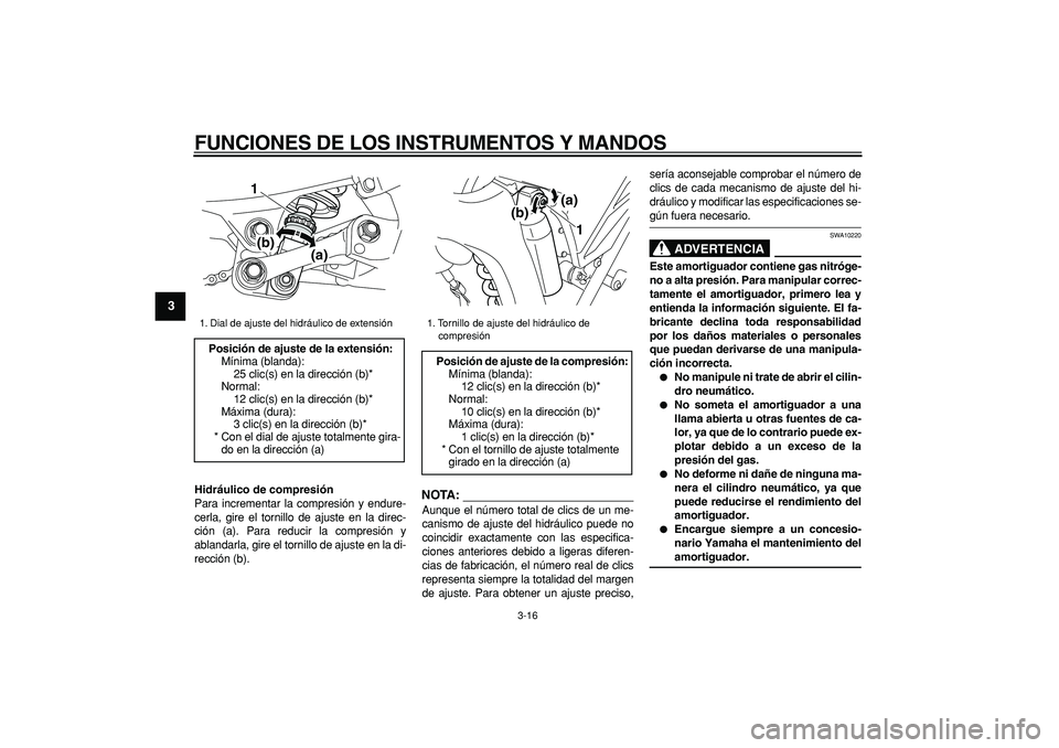 YAMAHA WR 250R 2008 Manuale de Empleo (in Spanish)
FUNCIONES DE LOS INSTRUMENTOS Y MANDOS
3-16
1
2
3
4
5
6
7
8
9
Hidráulico de compresión
Para incrementar la compresión y endure-
cerla, gire el tornillo de ajuste en la direc-
ción (a). Para YAMAHA WR 250R 2008 Manuale de Empleo (in Spanish)
FUNCIONES DE LOS INSTRUMENTOS Y MANDOS
3-16
1
2
3
4
5
6
7
8
9
Hidráulico de compresión
Para incrementar la compresión y endure-
cerla, gire el tornillo de ajuste en la direc-
ción (a). Para