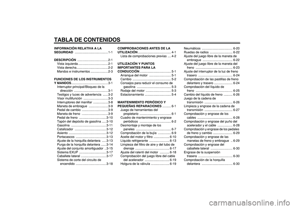 YAMAHA WR 250R 2008  Manuale de Empleo (in Spanish)  
TABLA DE CONTENIDOS 
INFORMACIÓN RELATIVA A LA 
SEGURIDAD 
 ......................................1-1 
DESCRIPCIÓN 
 ...................................2-1
Vista izquierda ........................