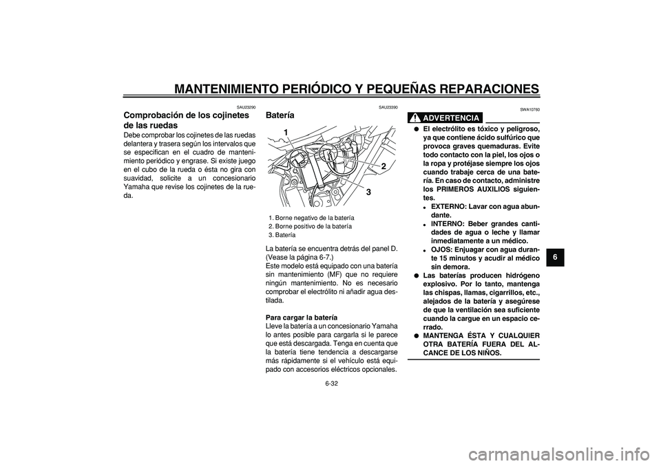 YAMAHA WR 250R 2008 Manuale de Empleo (in Spanish)
MANTENIMIENTO PERIÓDICO Y PEQUEÑAS REPARACIONES
6-32
2
3
4
5
67
8
9
SAU23290
Comprobación de los cojinetes
de las ruedas
Debe comprobar los cojinetes de las ruedas
delantera y trasera seg YAMAHA WR 250R 2008 Manuale de Empleo (in Spanish)
MANTENIMIENTO PERIÓDICO Y PEQUEÑAS REPARACIONES
6-32
2
3
4
5
67
8
9
SAU23290
Comprobación de los cojinetes
de las ruedas
Debe comprobar los cojinetes de las ruedas
delantera y trasera seg