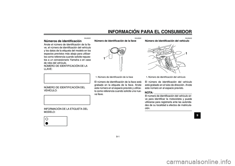 YAMAHA WR 250R 2008 Manuale de Empleo (in Spanish)
9-1
2
3
4
5
6
7
8
9
INFORMACIÓN PARA EL CONSUMIDOR
SAU26351
Números de identificación
Anote el número de identificación de la lla-
ve, el número de identificación del vehículo
y los d YAMAHA WR 250R 2008 Manuale de Empleo (in Spanish)
9-1
2
3
4
5
6
7
8
9
INFORMACIÓN PARA EL CONSUMIDOR
SAU26351
Números de identificación
Anote el número de identificación de la lla-
ve, el número de identificación del vehículo
y los d