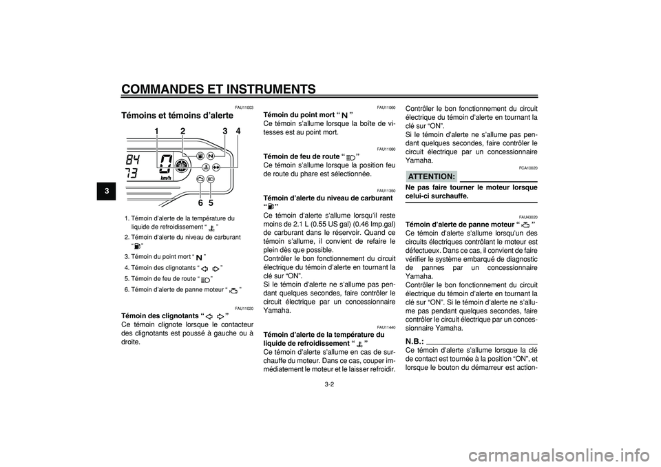 YAMAHA WR 250R 2008  Notices Demploi (in French)  
COMMANDES ET INSTRUMENTS 
3-2 
1
2
3
4
5
6
7
8
9
 
FAU11003 
Témoins et témoins d’alerte  
FAU11020 
Témoin des clignotants “”  
Ce témoin clignote lorsque le contacteur
des clignotants es
