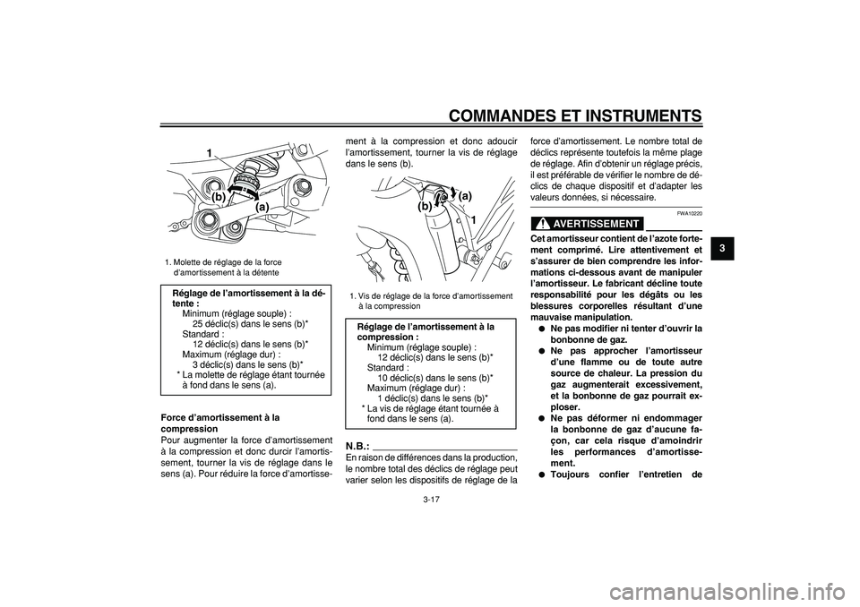 YAMAHA WR 250R 2008  Notices Demploi (in French)  
COMMANDES ET INSTRUMENTS 
3-17 
2
34
5
6
7
8
9
 
Force d’amortissement à la 
compression 
Pour augmenter la force d’amortissement
à la compression et donc durcir l’amortis-
sement, tourner l