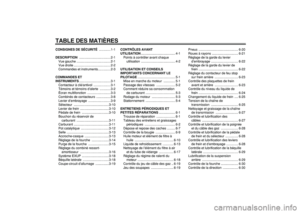 YAMAHA WR 250R 2008  Notices Demploi (in French)  
TABLE DES MATIÈRES 
CONSIGNES DE SÉCURITÉ 
 .............1-1 
DESCRIPTION 
 ...................................2-1
Vue gauche ......................................2-1
Vue droite ................