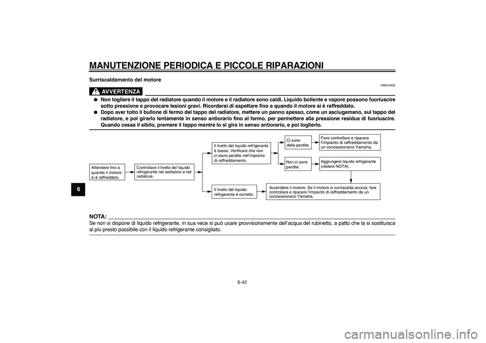 YAMAHA WR 250R 2008  Manuale duso (in Italian)  
MANUTENZIONE PERIODICA E PICCOLE RIPARAZIONI
 
6-42 
1
2
3
4
5
6
7
8
9
 
Surriscaldamento del motore
AVVERTENZA
 
HWA10400 
 
Non togliere il tappo del radiatore quando il motore e il radiatore son