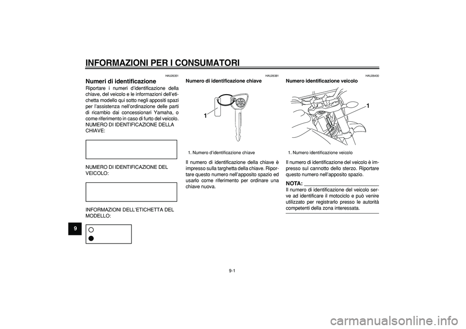 YAMAHA WR 250R 2008 Manuale duso (in Italian)
9-1
1
2
3
4
5
6
7
8
9
INFORMAZIONI PER I CONSUMATORI
HAU26351
Numeri di identificazione
Riportare i numeri d’identificazione della
chiave, del veicolo e le informazioni dell’eti-
chetta YAMAHA WR 250R 2008 Manuale duso (in Italian)
9-1
1
2
3
4
5
6
7
8
9
INFORMAZIONI PER I CONSUMATORI
HAU26351
Numeri di identificazione
Riportare i numeri d’identificazione della
chiave, del veicolo e le informazioni dell’eti-
chetta