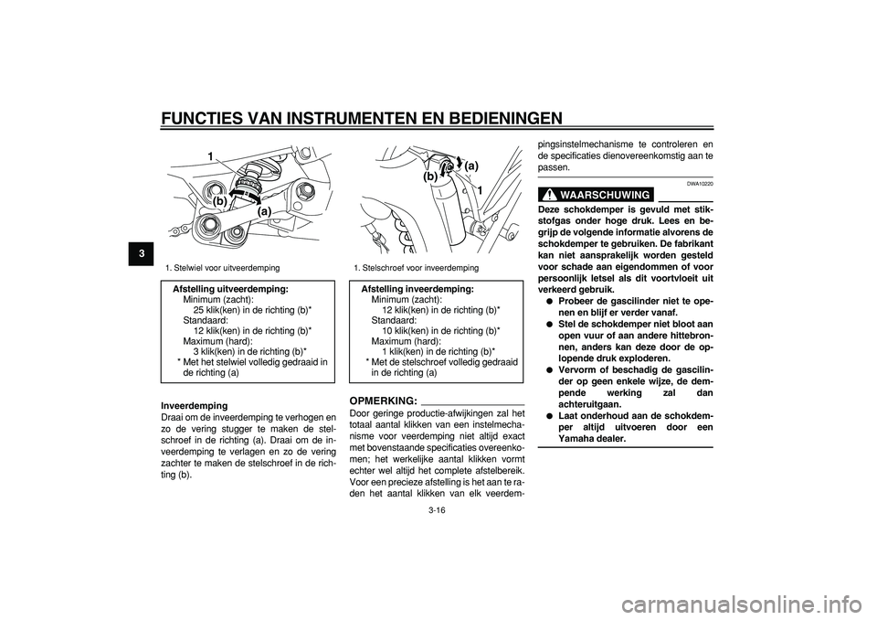 YAMAHA WR 250R 2008 Instructieboekje (in Dutch)
FUNCTIES VAN INSTRUMENTEN EN BEDIENINGEN
3-16
1
2
3
4
5
6
7
8
9
Inveerdemping
Draai om de inveerdemping te verhogen en
zo de vering stugger te maken de stel-
schroef in de richting (a). Draai o YAMAHA WR 250R 2008 Instructieboekje (in Dutch)
FUNCTIES VAN INSTRUMENTEN EN BEDIENINGEN
3-16
1
2
3
4
5
6
7
8
9
Inveerdemping
Draai om de inveerdemping te verhogen en
zo de vering stugger te maken de stel-
schroef in de richting (a). Draai o
