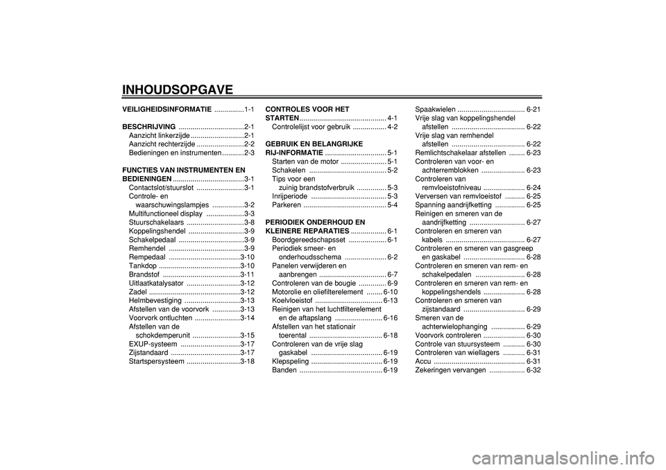 YAMAHA WR 250R 2008  Instructieboekje (in Dutch)  
INHOUDSOPGAVE 
VEILIGHEIDSINFORMATIE 
 ...............1-1 
BESCHRIJVING 
 .................................2-1
Aanzicht linkerzijde ...........................2-1
Aanzicht rechterzijde .............