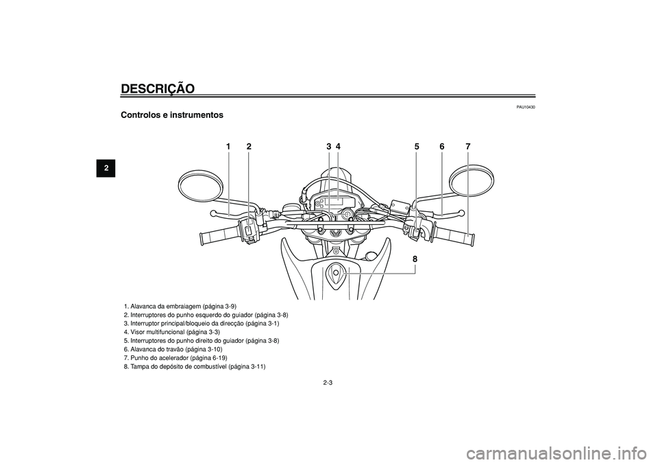 YAMAHA WR 250R 2008  Manual de utilização (in Portuguese)  
DESCRIÇÃO 
2-3 
1
2
3
4
5
6
7
8
9
 
PAU10430 
Controlos e instrumentos
12 34 5 6
8
7
 
1. Alavanca da embraiagem (página 3-9)
2. Interruptores do punho esquerdo do guiador (página 3-8)
3. Interr