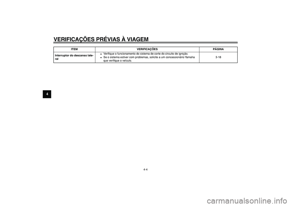 YAMAHA WR 250R 2008  Manual de utilização (in Portuguese)  
VERIFICAÇÕES PRÉVIAS À VIAGEM 
4-4 
1
2
3
4
5
6
7
8
9
 
Interruptor do descanso late-
ral 
 
Veriﬁque o funcionamento do sistema de corte do circuito de ignição. 
 
Se o sistema estiver co