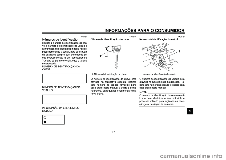 YAMAHA WR 250R 2008 Manual de utilização (in Portuguese)
9-1
2
3
4
5
6
7
8
9
INFORMAÇÕES PARA O CONSUMIDOR
PAU26351
Números de identificação
Registe o número de identificação da cha-
ve, o número de identificação do veículo e
a informa YAMAHA WR 250R 2008 Manual de utilização (in Portuguese)
9-1
2
3
4
5
6
7
8
9
INFORMAÇÕES PARA O CONSUMIDOR
PAU26351
Números de identificação
Registe o número de identificação da cha-
ve, o número de identificação do veículo e
a informa