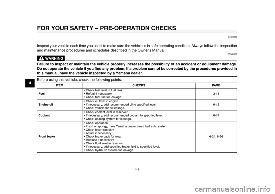 YAMAHA WR 250X 2014 Owners Manual 4-1
1
2
34
5
6
7
8
9
FOR YOUR SAFETY – PRE-OPERATION CHECKS
EAU15598
Inspect your vehicle each time you use it to make sure the vehicle is in safe operating condition. Always follow the inspection
a YAMAHA WR 250X 2014 Owners Manual 4-1
1
2
34
5
6
7
8
9
FOR YOUR SAFETY – PRE-OPERATION CHECKS
EAU15598
Inspect your vehicle each time you use it to make sure the vehicle is in safe operating condition. Always follow the inspection
a