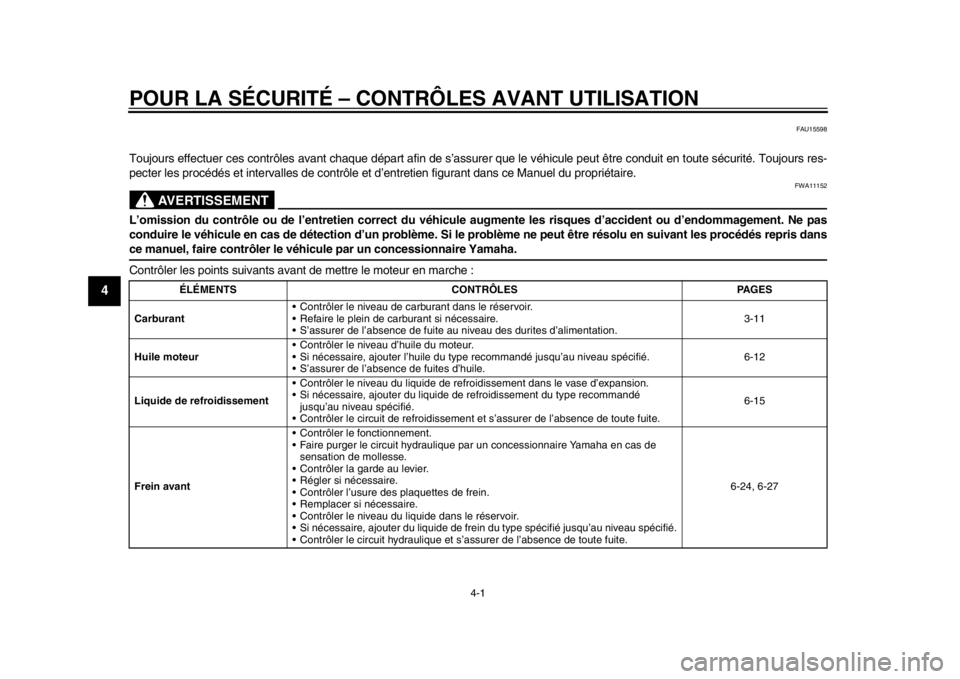 YAMAHA WR 250X 2014 Notices Demploi (in French) 4-1
1
2
34
5
6
7
8
9
POUR LA SÉCURITÉ – CONTRÔLES AVANT UTILISATION
FAU15598
Toujours effectuer ces contrôles avant chaque départ afin de s’assurer que le véhicule peut être conduit en tout YAMAHA WR 250X 2014 Notices Demploi (in French) 4-1
1
2
34
5
6
7
8
9
POUR LA SÉCURITÉ – CONTRÔLES AVANT UTILISATION
FAU15598
Toujours effectuer ces contrôles avant chaque départ afin de s’assurer que le véhicule peut être conduit en tout